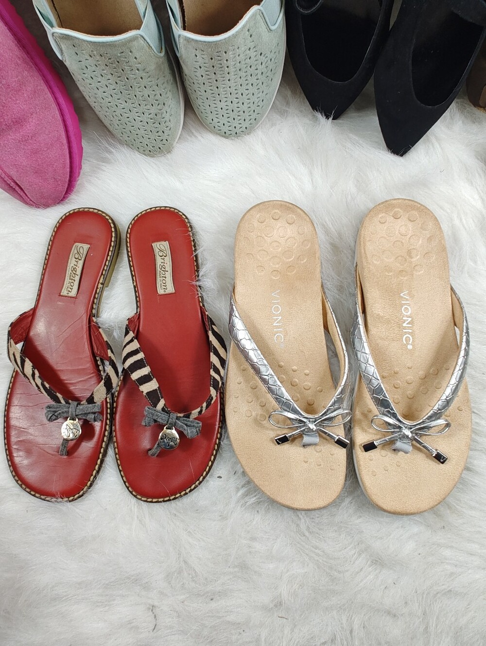 Vionic Bella Silver + Brighton Red  flip flops sandals Bundle with bows women 9